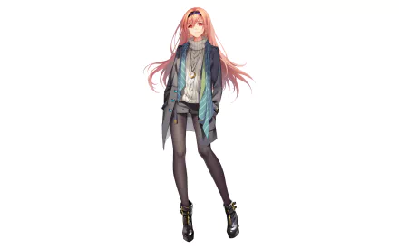 Anime-style character from Sangai Senki with long pink hair, wearing a layered outfit including a jacket, skirt, and tights, set against a white background for HD PC desktop wallpaper.
