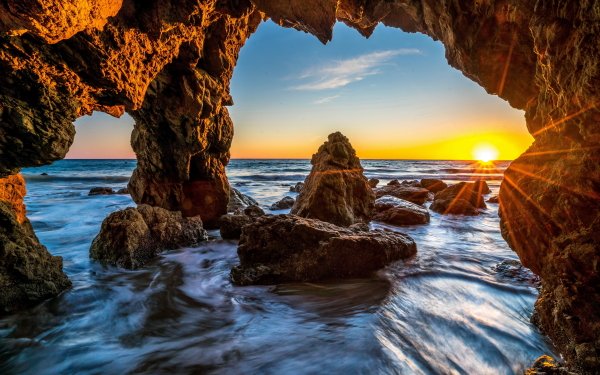 Earth Cave Caves Nature Ocean Rock Horizon Sunrise HD Wallpaper | Background Image