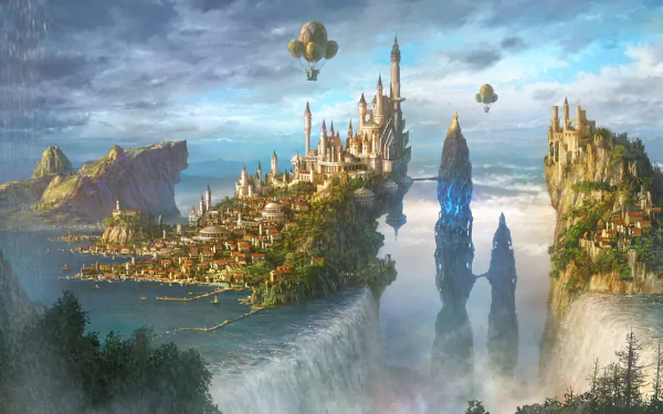 A high-definition fantasy wallpaper featuring a majestic castle city perched atop cliffs, flanked by cascading waterfalls and hot air balloons floating in the sky.