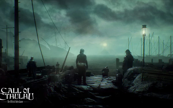 HD desktop wallpaper featuring a dark, foggy harbor scene from Call of Cthulhu: The Official Video Game, inspired by H.P. Lovecraft's Cthulhu mythos.