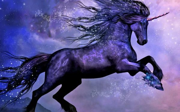 HD fantasy desktop wallpaper showcasing a majestic black unicorn under a starry night sky with a glowing crescent moon in the background.