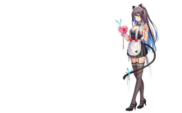 HD desktop wallpaper of an anime character from Sangai Senki, featuring a girl with cat ears and a black and white maid outfit, standing against a white background.