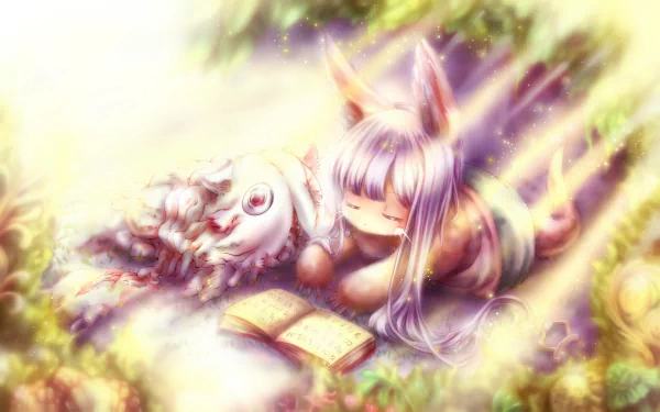 HD desktop wallpaper featuring Nanachi and Mitty from the anime Made in Abyss, peacefully resting next to an open book in a sun-dappled, serene forest setting.