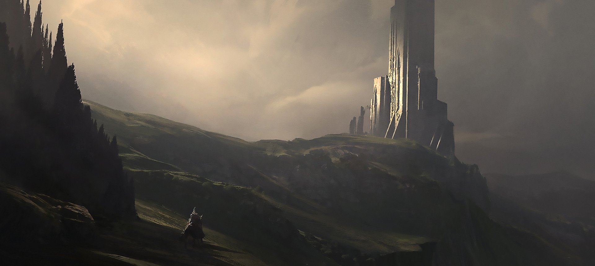 HD fantasy PC desktop wallpaper featuring a lone horse standing on a dark, misty landscape with a towering, mystical castle in the background under overcast skies.