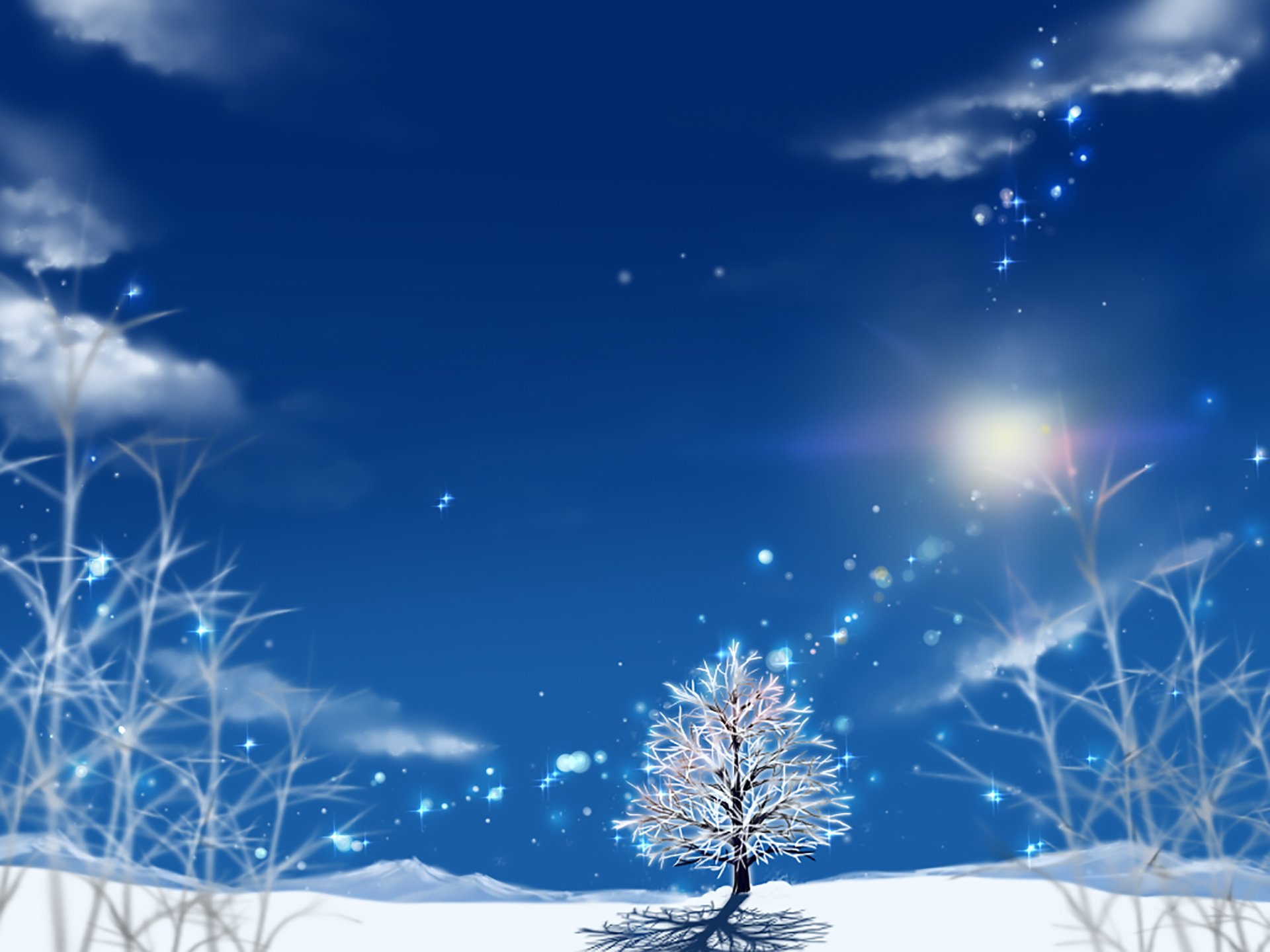 Anime original HD PC desktop wallpaper/background: snowy lone tree beneath a bright sun in a deep blue sky, with sparkling snowflakes and frost-coated bare branches.