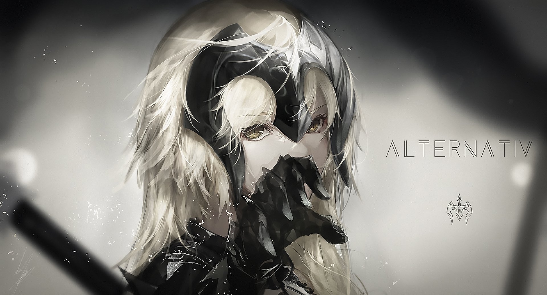 HD desktop wallpaper of Jeanne d'Arc Alter from Fate/Grand Order, featuring a close-up of her intense gaze, ornate armor, and intricate helmet, blending shades of monochrome and subtle highlights.