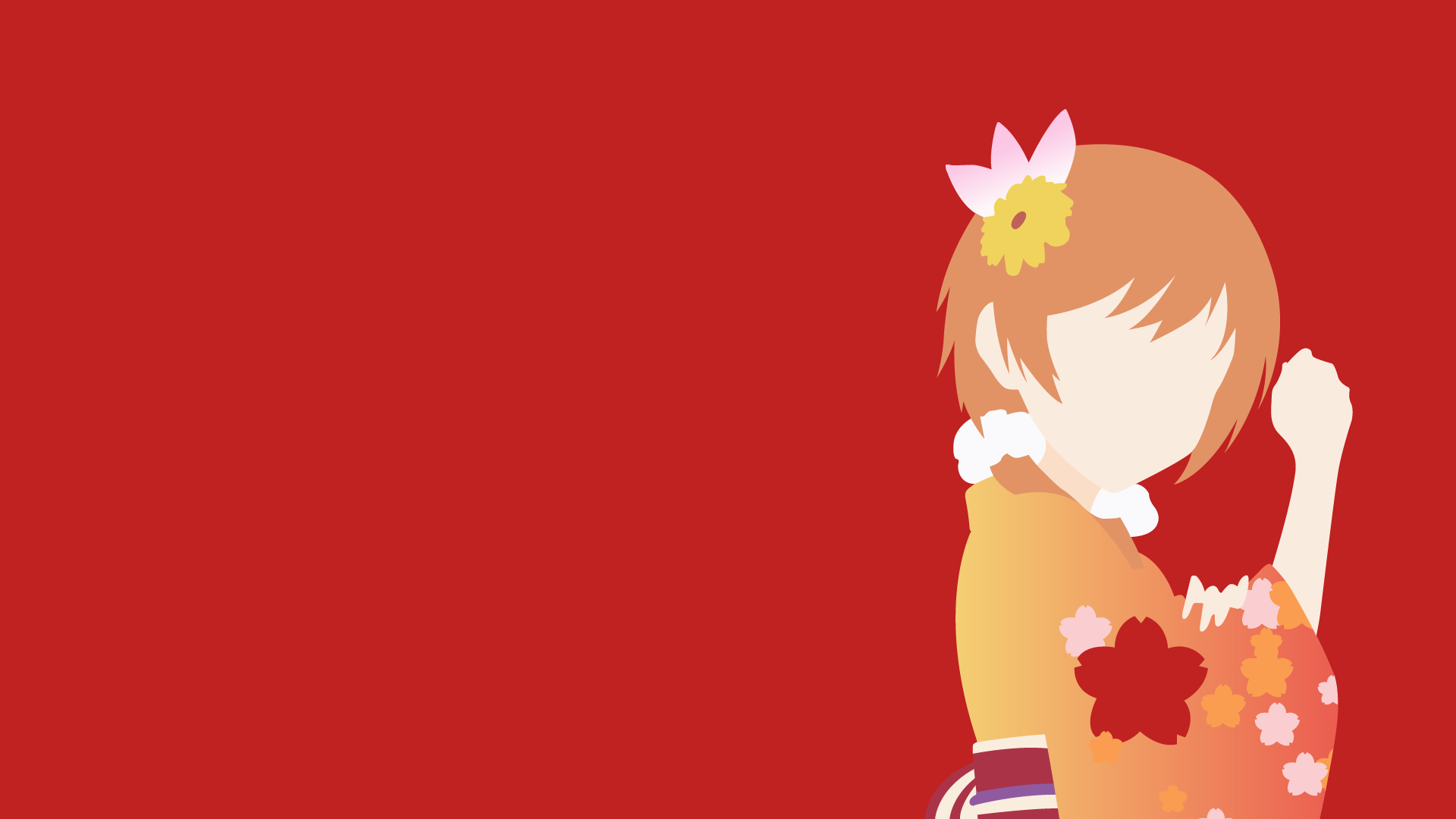 HD PC desktop wallpaper of Marika Tachibana from Nisekoi: minimalist anime silhouette in a floral kimono with a bow, posed against a bold red background.