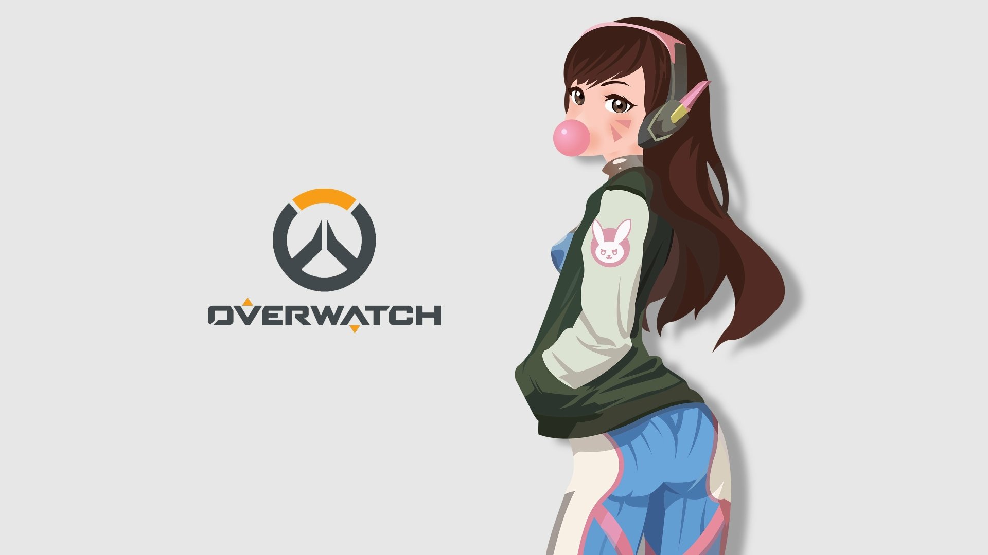 4K Ultra HD PC desktop wallpaper featuring D.Va from the video game Overwatch, showcasing her iconic look with a bubblegum bubble and casual outfit.