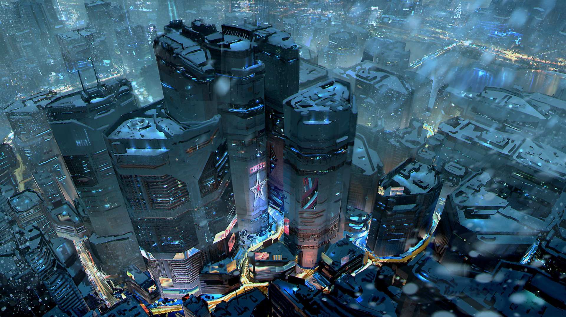 Futuristic sci-fi cityscape at night with towering buildings and glowing neon lights, captured in high-definition for a PC desktop wallpaper and background.