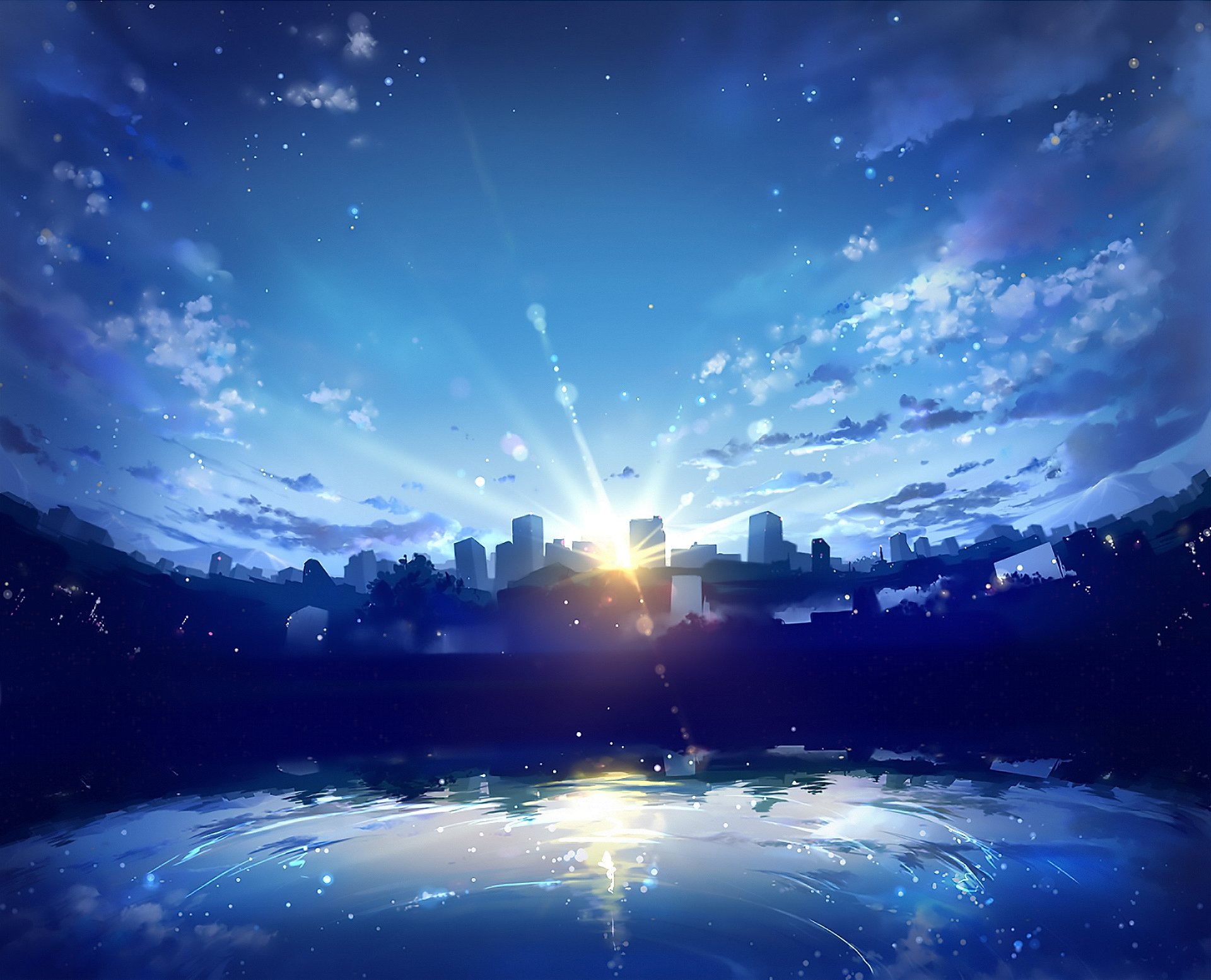 HD anime-style original desktop wallpaper featuring a city skyline at sunset with vibrant clouds and reflections on water.