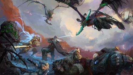 A dynamic HD wallpaper featuring characters from Heroes of the Storm: Illidan Stormrage, Sarah Kerrigan, Lich King, Tyrael, Abathur, Nova, Rehgar, and Jim Raynor, engaged in an epic battle under a dramatic sky.