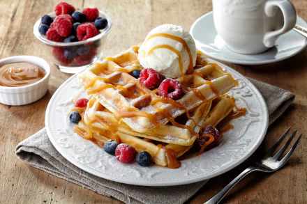 A 4K Ultra HD still life of a breakfast waffle topped with vanilla ice cream, raspberries, blueberries, and drizzled syrup, accompanied by a cup of coffee and berry bowl.