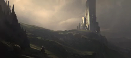 HD fantasy PC desktop wallpaper featuring a lone horse standing on a dark, misty landscape with a towering, mystical castle in the background under overcast skies.