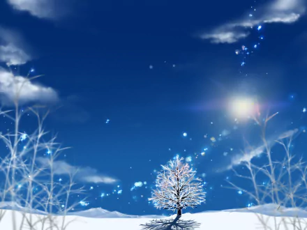 Anime original HD PC desktop wallpaper/background: snowy lone tree beneath a bright sun in a deep blue sky, with sparkling snowflakes and frost-coated bare branches.