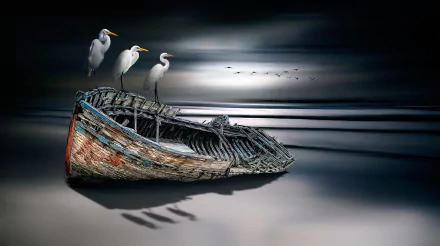 HD desktop wallpaper painting of a serene beach scene with an old boat and three egrets perched on its edge under a moody sky with distant birds flying.