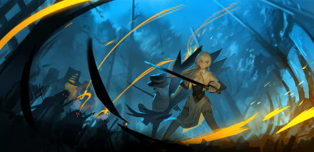 Anime Pixiv Fantasia RD HD PC desktop wallpaper/background: scythe-wielding warrior and cloaked ally sprint through a misty blue forest, orange energy arcs slicing the moonlit battlefield.