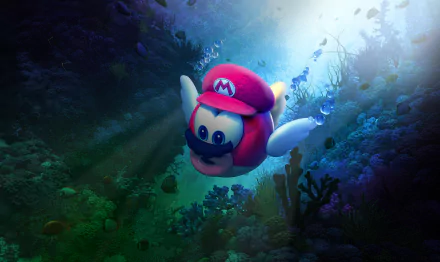 HD desktop wallpaper featuring a character from Super Mario Odyssey in an underwater scene. The character wears a red hat with 'M' and has a mustache, swimming amidst colorful coral and sea life.
