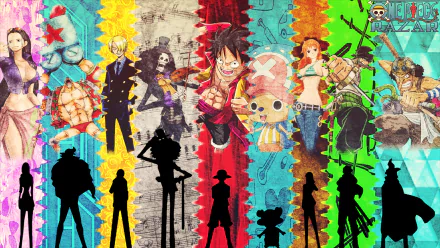 A vibrant HD desktop wallpaper featuring Roronoa Zoro, Usopp, Nami, Tony Tony Chopper, Monkey D. Luffy, Brook, Sanji, Franky, and Nico Robin from the anime One Piece, with striking colorful backgrounds.