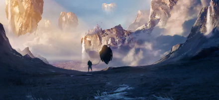 HD PC desktop wallpaper of a fantasy landscape: a lone traveler and a levitating orb overlook a misty valley leading to a glowing city and towering snow‑capped peaks.
