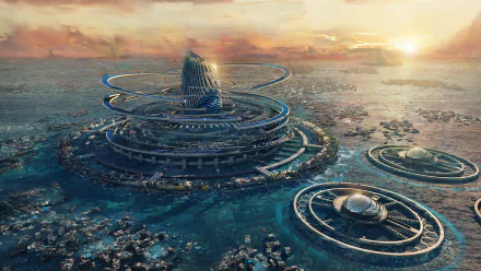 HD desktop wallpaper of a futuristic sci-fi city with intricate buildings and ring structures emerging from the ocean, under a cloudy sky with the sun shining brightly.