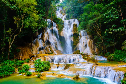 HD desktop wallpaper featuring a stunning waterfall cascading through lush green forest in Vietnam. The water flows over multiple tiers of rocks, creating a serene and picturesque nature scene.