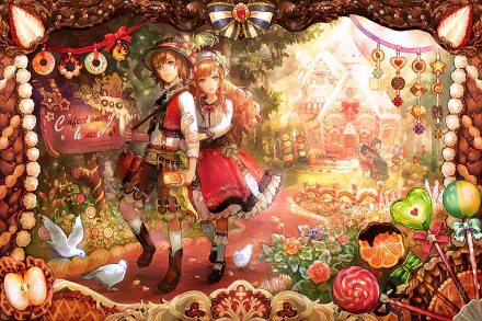 Anime original HD PC desktop wallpaper: two red-clad characters stroll a sunlit candyland of gingerbread houses, flowers, sweets and ornate decorative borders.