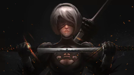 HD desktop wallpaper featuring YoRHa No.2 Type B from the video game NieR: Automata, holding a sword with a serious, focused expression amidst a dark, atmospheric background.