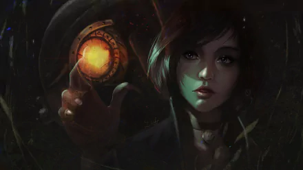 HD desktop wallpaper of Elizabeth from Bioshock Infinite with short black hair and blue eyes, illuminated eerily, holding a glowing heart-shaped object against a dark, mysterious background.