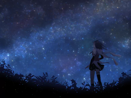 HD PC desktop wallpaper of Sendai (KanColle) from Kantai Collection, an anime silhouette among foliage beneath a starry Milky Way sky.