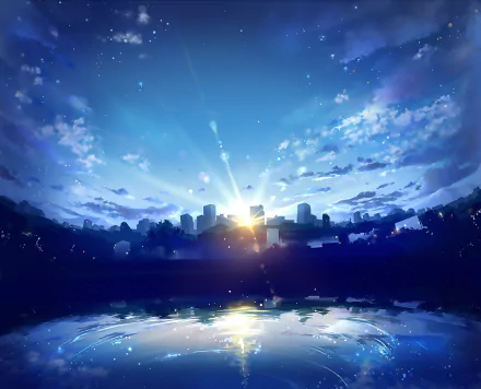HD anime-style original desktop wallpaper featuring a city skyline at sunset with vibrant clouds and reflections on water.