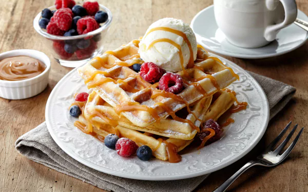 A 4K Ultra HD still life of a breakfast waffle topped with vanilla ice cream, raspberries, blueberries, and drizzled syrup, accompanied by a cup of coffee and berry bowl.