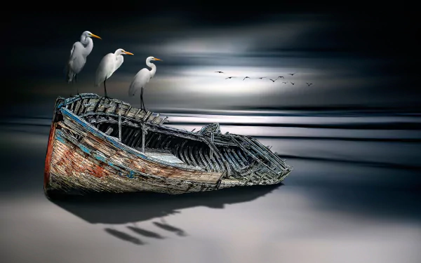 HD desktop wallpaper painting of a serene beach scene with an old boat and three egrets perched on its edge under a moody sky with distant birds flying.