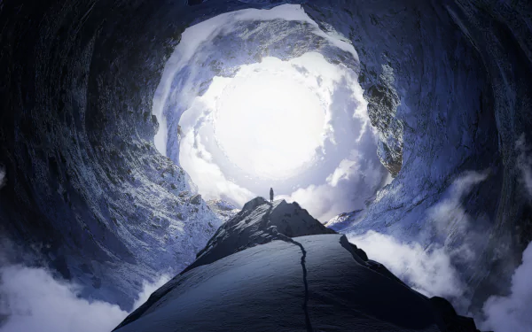 HD desktop wallpaper of an anime-style mountain scene, viewed from inside a cave. Sunlight pours through an opening in the clouds at the cave's entrance, creating a stunning backdrop.