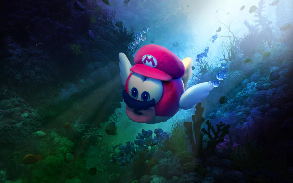 HD desktop wallpaper featuring a character from Super Mario Odyssey in an underwater scene. The character wears a red hat with 'M' and has a mustache, swimming amidst colorful coral and sea life.