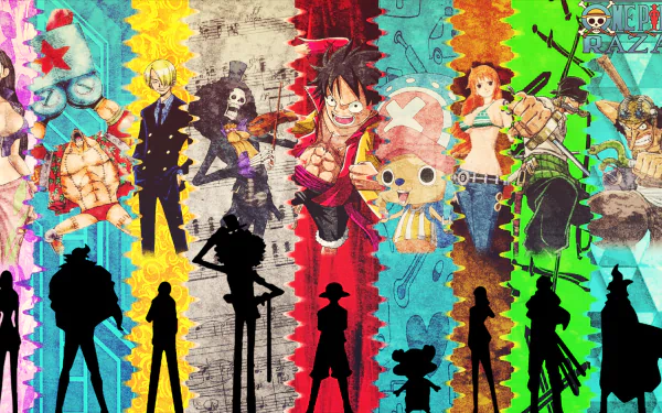 A vibrant HD desktop wallpaper featuring Roronoa Zoro, Usopp, Nami, Tony Tony Chopper, Monkey D. Luffy, Brook, Sanji, Franky, and Nico Robin from the anime One Piece, with striking colorful backgrounds.