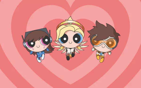 HD desktop wallpaper featuring a crossover of The Powerpuff Girls and Overwatch characters Tracer, Mercy, and D.Va with a heart-themed background.