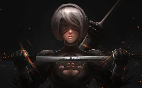 HD desktop wallpaper featuring YoRHa No.2 Type B from the video game NieR: Automata, holding a sword with a serious, focused expression amidst a dark, atmospheric background.
