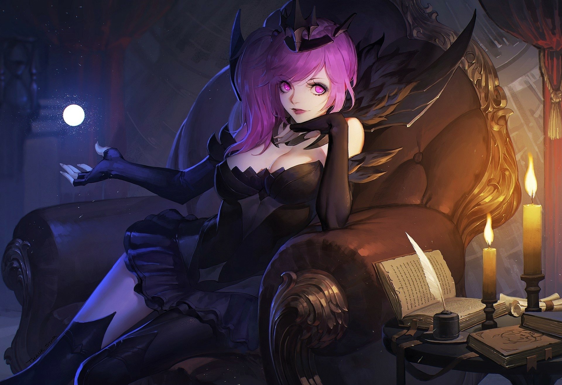 HD desktop wallpaper featuring Lux from League of Legends with pink hair and eyes, wearing a crown, seated in an elegant, dark room with candles and an open book.