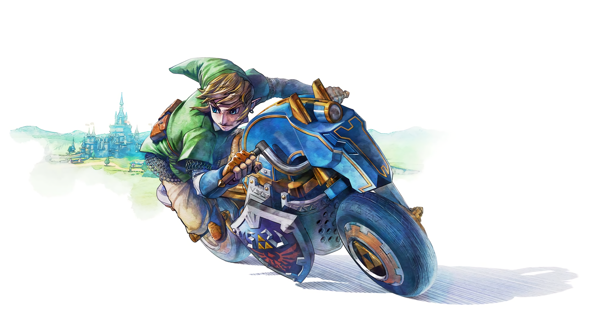 HD PC desktop wallpaper featuring Link from the video game Mario Kart 8 riding a sleek motorcycle with a white background and a faint castle in the distance.