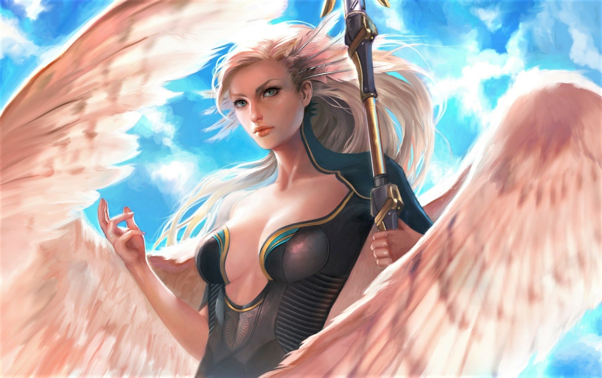 HD desktop wallpaper of Mercy from Overwatch, depicted as a fantasy angel warrior with pink hair, aqua eyes, and large white wings against a bright blue sky.