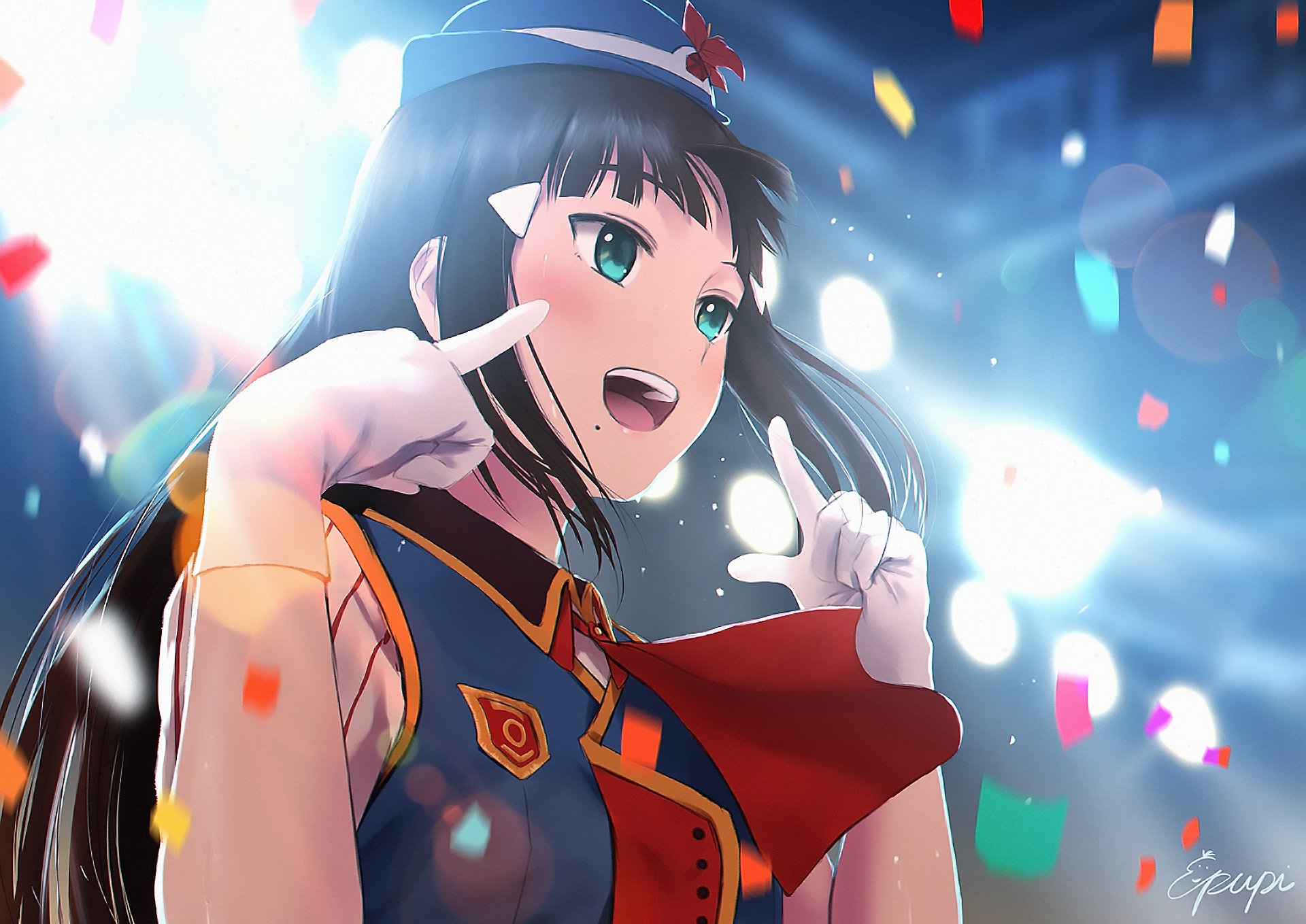 Dia Kurosawa from Love Live! Sunshine!! smiling on stage amid confetti, anime HD PC desktop wallpaper/background with vibrant lighting and a dynamic concert pose.