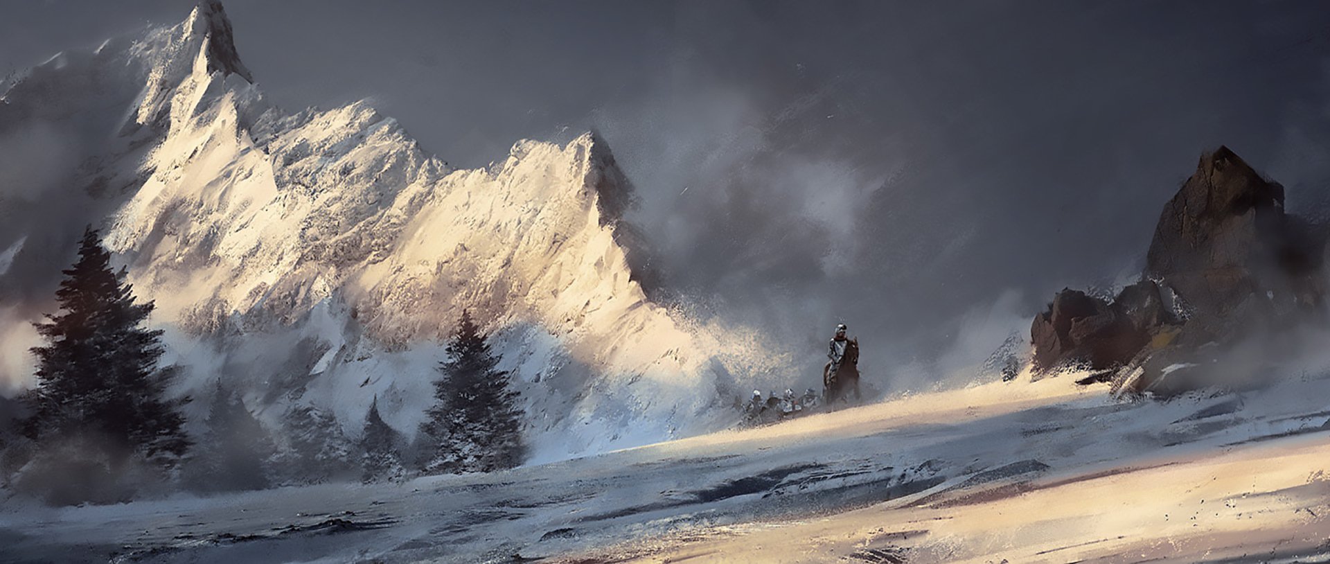 A fantasy landscape HD PC desktop wallpaper featuring snow-covered mountains, misty atmosphere, and a lone figure standing on a frosty plain.