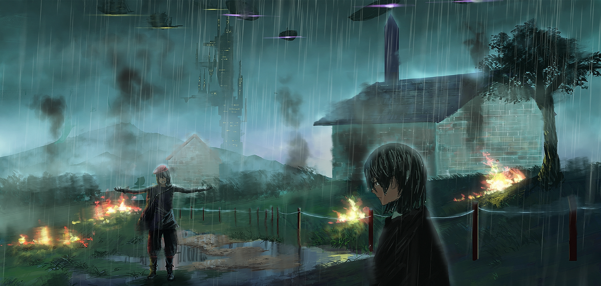 Anime-style HD desktop wallpaper depicting a rain-soaked warzone with aircraft overhead, burning buildings, and two characters amidst the chaos.