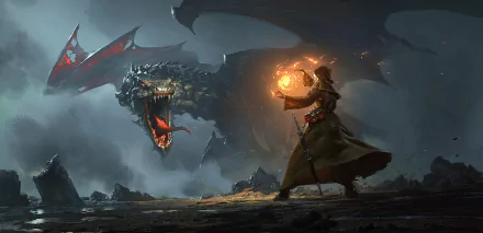 A high-definition desktop wallpaper featuring a fantasy scene with a wizard holding a glowing orb, facing a fierce dragon in a dark, mystical landscape.