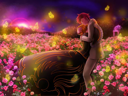 Romantic anime couple from Umineko: When They Cry embrace in a glowing flower-filled gazebo at night, surrounded by softly illuminated butterflies.
