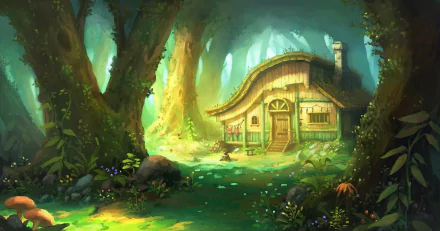 A fantasy-themed HD wallpaper showcasing a quaint cottage nestled among tall trees in a lush forest, with flowering plants adding to the enchanting atmosphere.