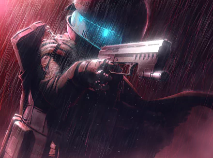 Anime original HD PC desktop wallpaper: hooded, visor-clad figure aims a futuristic pistol in pouring rain, neon-blue visor casting light over the gun and streaking raindrops.