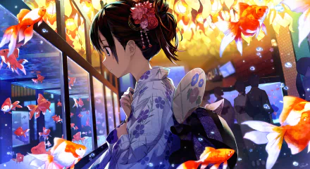 Anime girl with brown hair and green eyes, wearing a yukata, gazes at a vibrant aquarium with colorful fish. The setting is adorned with warm lighting and shadows of other people in the background.