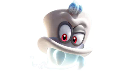 HD PC desktop wallpaper featuring Cappy, the animated hat character from the video game Super Mario Odyssey, with a bright, clean white background.