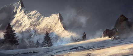 A fantasy landscape HD PC desktop wallpaper featuring snow-covered mountains, misty atmosphere, and a lone figure standing on a frosty plain.